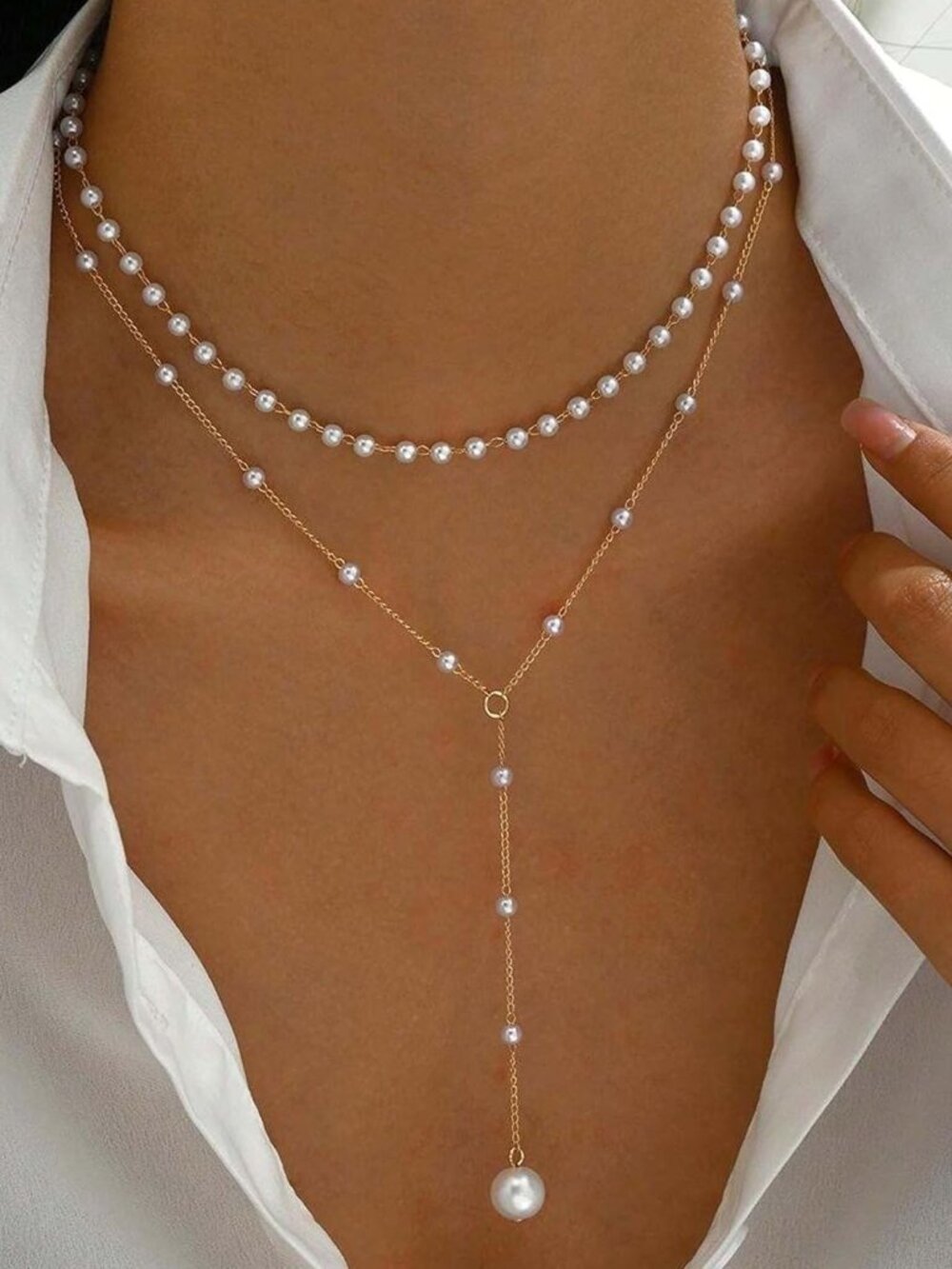 Layered Pearl Necklaces for Women 14K Gold Plated Trendy Faux Pearl Drop Y Neckl - Picture 3 of 6